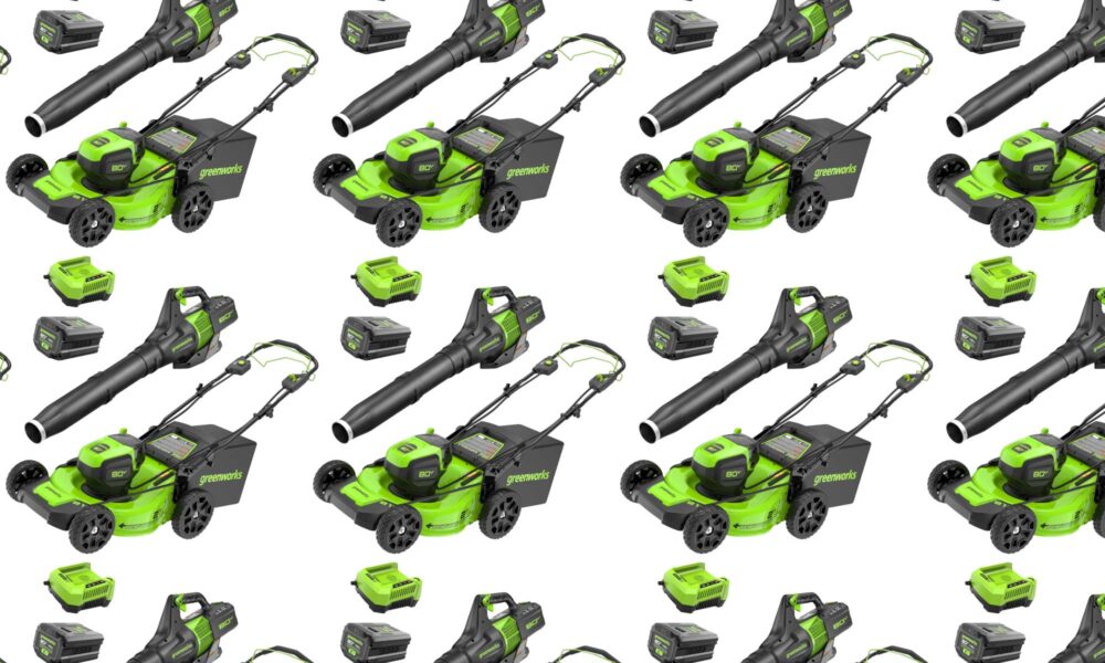 A pattern of Greenworks lawn mowers and leaf blowers on a plain background.