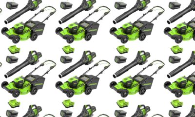 A pattern of Greenworks lawn mowers and leaf blowers on a plain background.