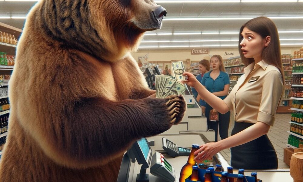 A bear having to pay for its beer at the check-out counter, proving that not only human costs exist