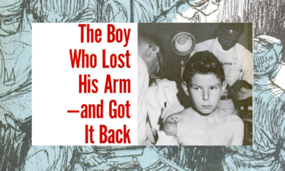 photo of young boy on an illustrated backdrop with the words "The boy who lost his arm--and got it back"