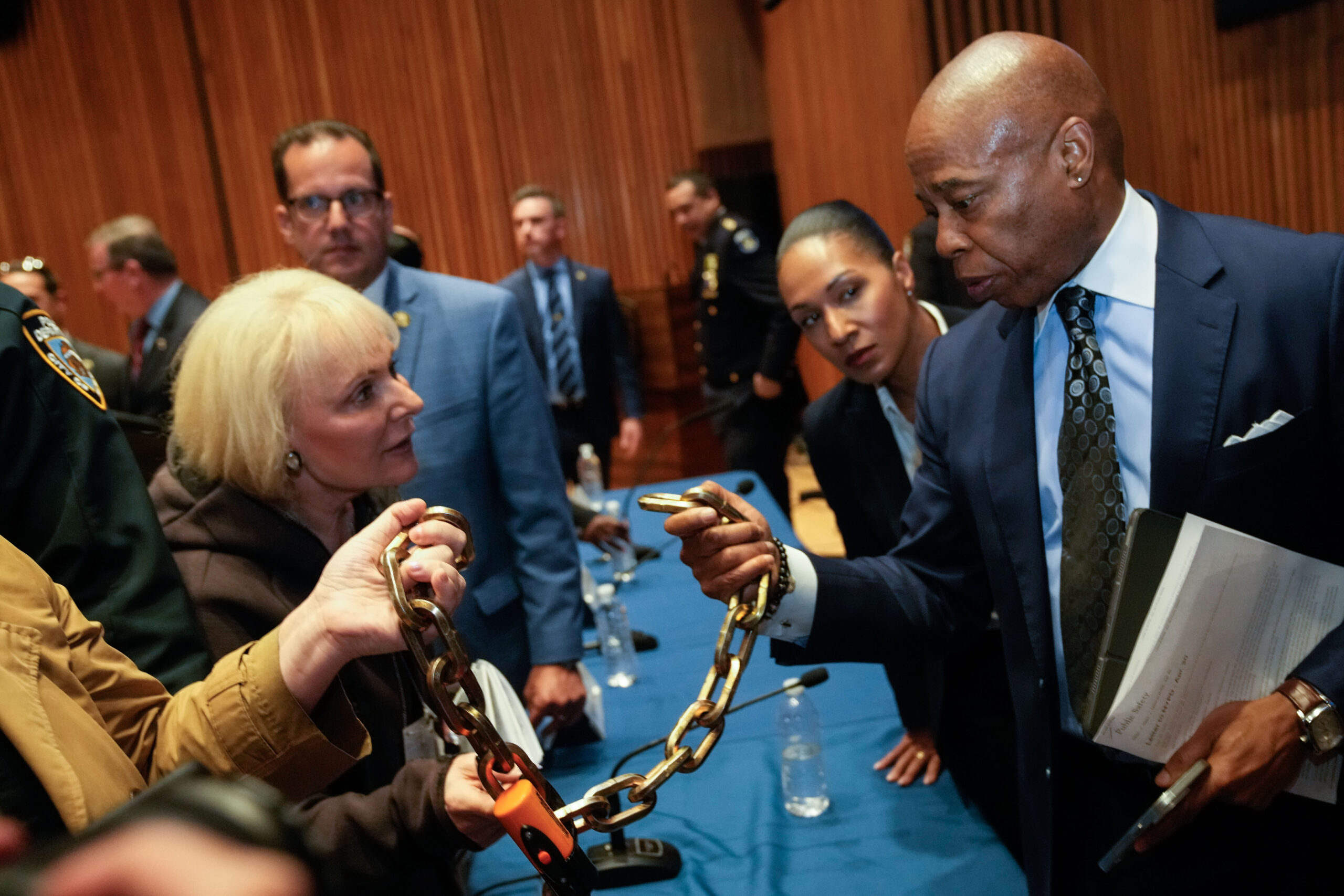 Mayor Eric Adams showed reporters this morning a chain used to barricade a door during college protests in New York City.