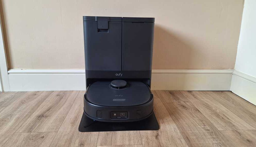 A front view of the Eufy X10 Pro Omni Robot Vacuum and Mop