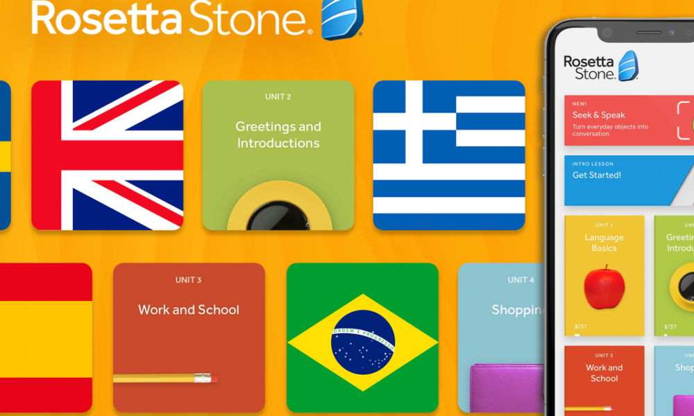 Ad advertisement for Rosetta Stone on an orange background.