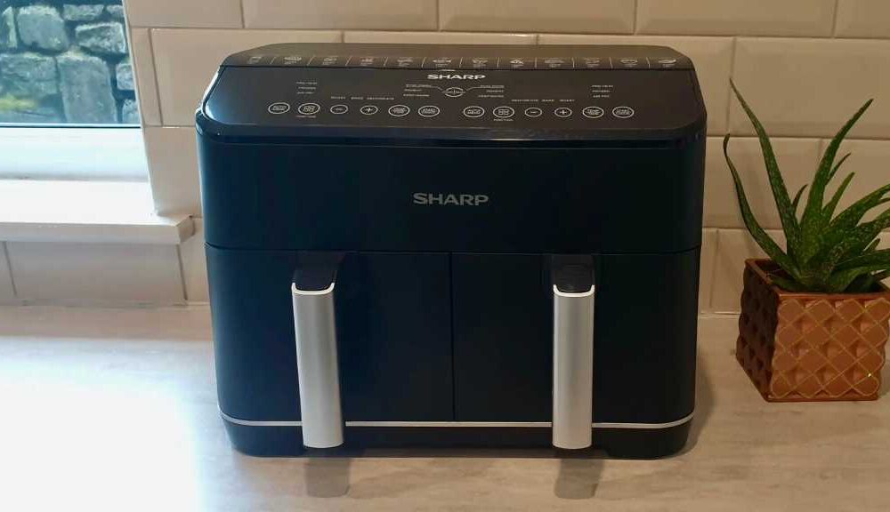 Sharp dual drawer air fryer on a counter next to a plant