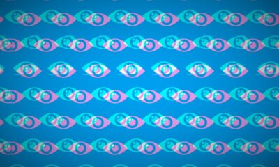 a collection of patterned illustrated eyes in blue and pink on a darker blue background