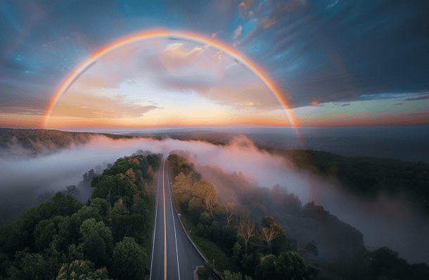A rainbow over a highway early in the morning.