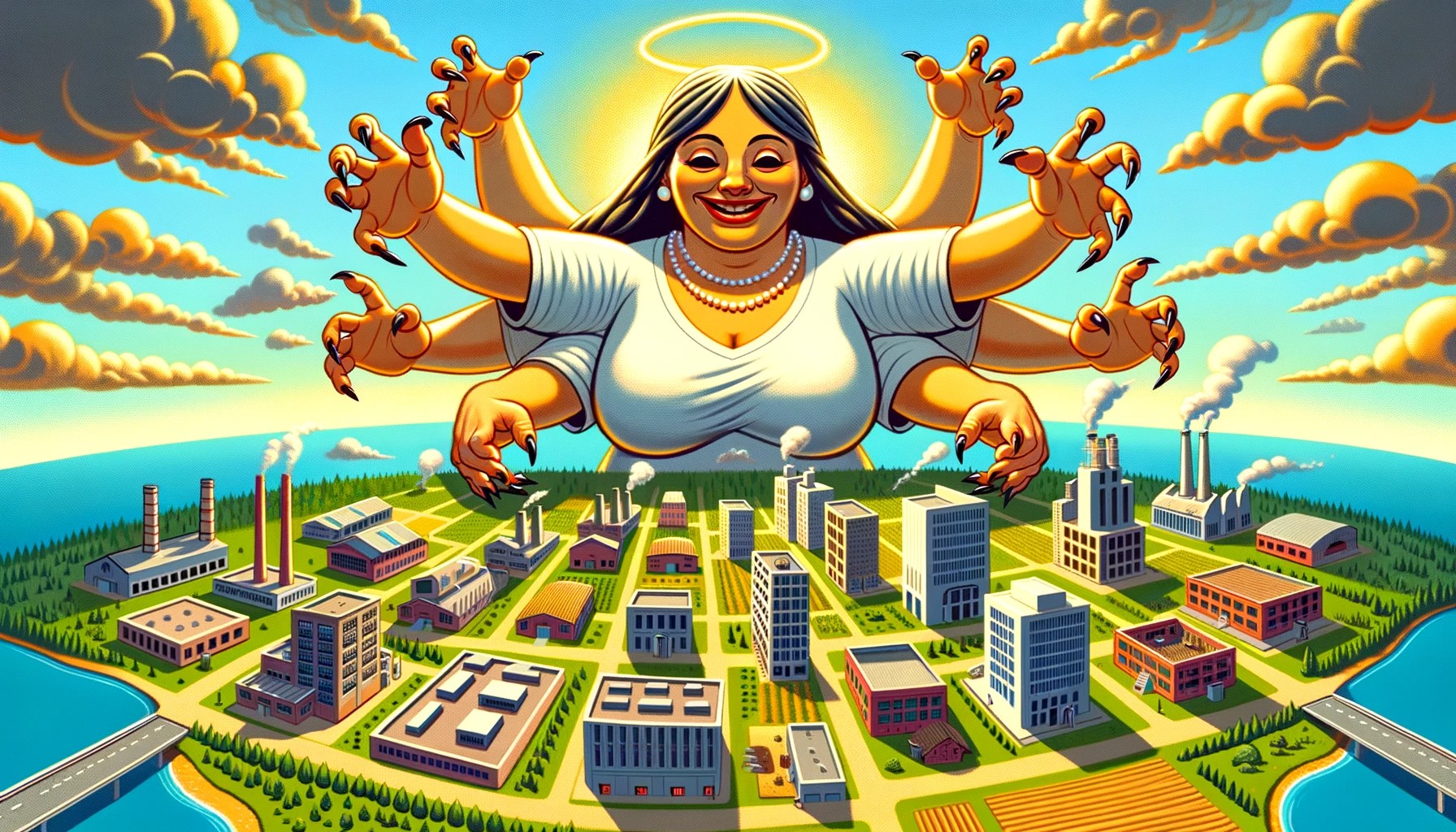 Big Mother grabbing control of bad businesses (By DALL-E under the inspiration of P. Lemieux)