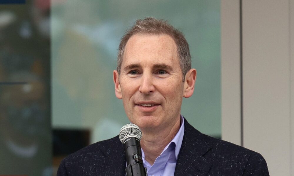 Andy Jassy the CEO of Amazon speaks at the ceremonial ribbon cutting prior to tomorrow's opening night for the NHL's newest hockey franchise the Seattle Kraken at the Climate Pledge Arena on October 22, 2021 in Seattle, Washington