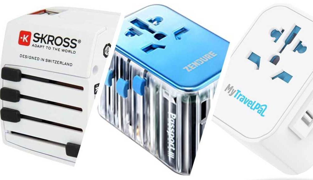 Three images of travel adapters