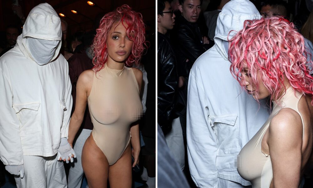 Bianca Censori bounces around in a see-through outfit during Paris Fashion Week