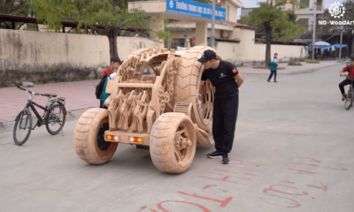 Dad builds a fantastic and functional wooden science fiction car for children
