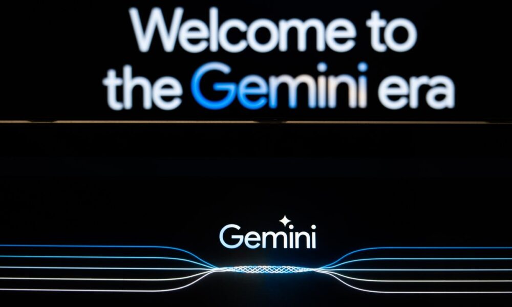 In this photo illustration a Gemini logo and a welcome message on Gemini website are displayed on two screens.