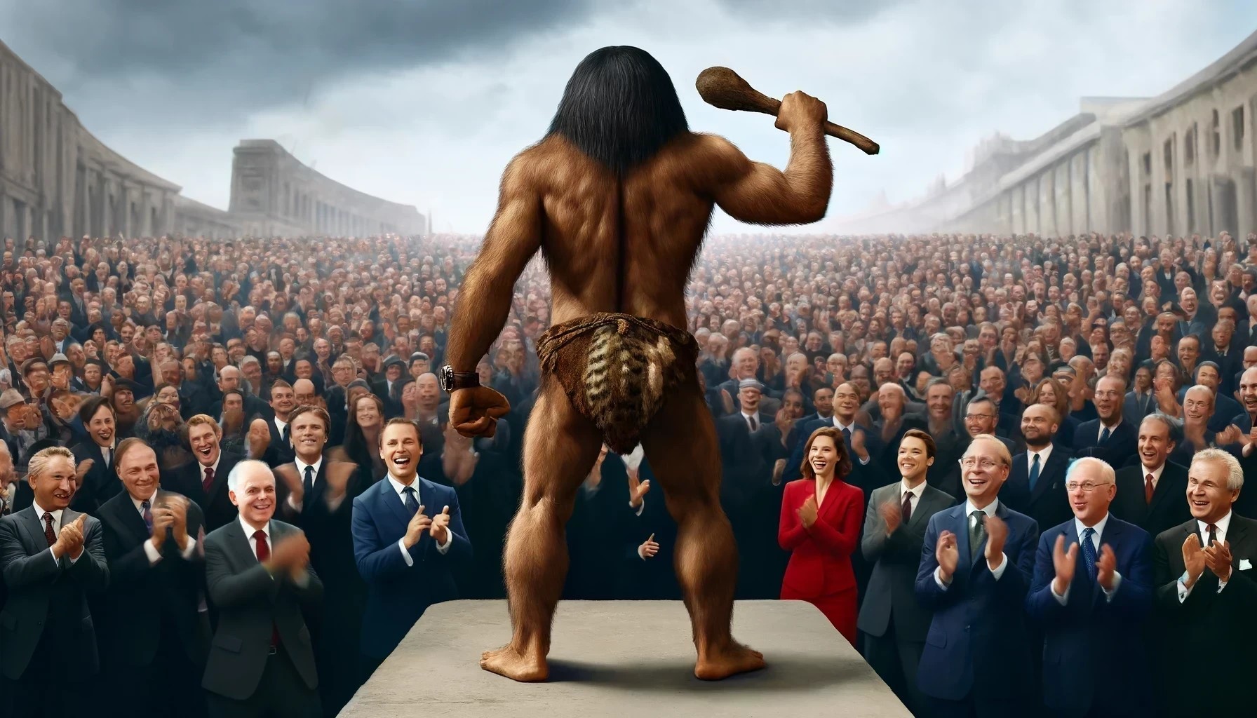 A caveman politician with his distinguished fans (By DALL-E, inspired by Pierre Lemieux)
