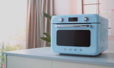 Smeg oven in pale blue, on a kitchen counter