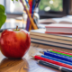 An apple and pens on a school desk.