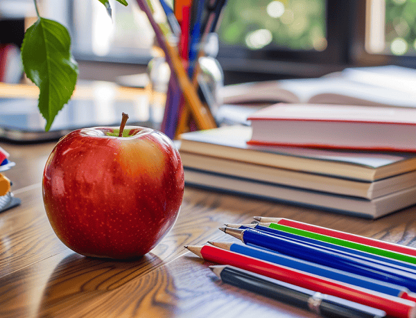 An apple and pens on a school desk.