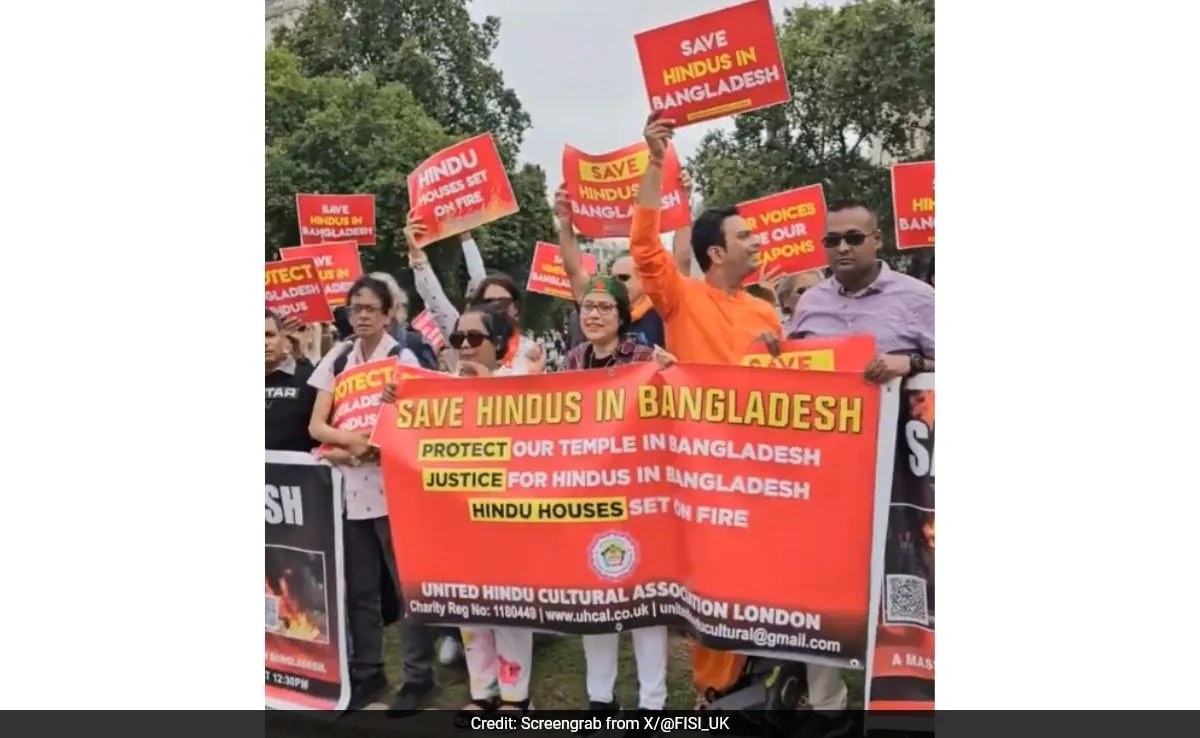 Protesters outside the British Parliament condemn violence against Bengali Hindus