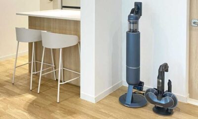 Samsung Bespoke Jet vacuum in blue in a kitchen