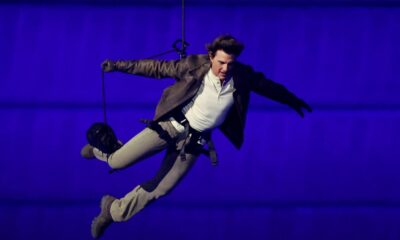 Tom Cruise performs stunts during the closing ceremony of the Olympic Games in Paris